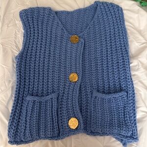 Blue Knit Sweater Vest with Gold Buttons